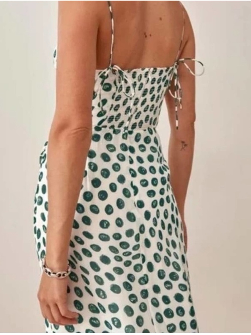 Reformation Green White Dot Adjustable Tie Strap Tapioca Kourtney Slip Dress- 12 - Picture 3 of 8